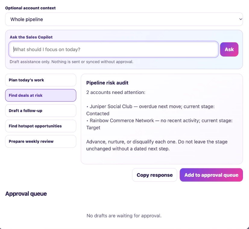 Sales Copilot drafting a pipeline risk audit with an approval queue