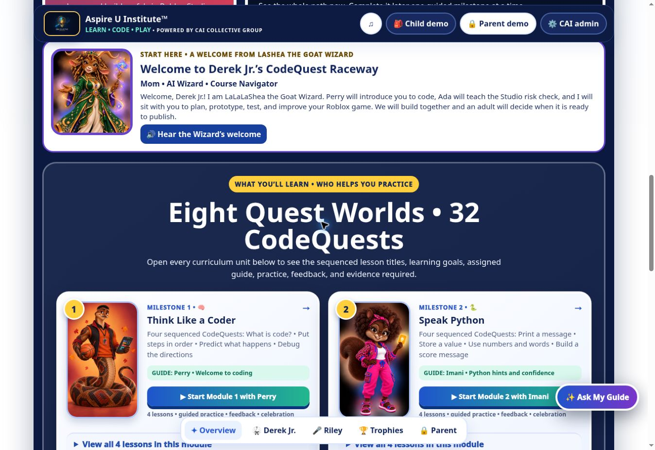Eight Quest Worlds and 32 CodeQuests curriculum view with guides