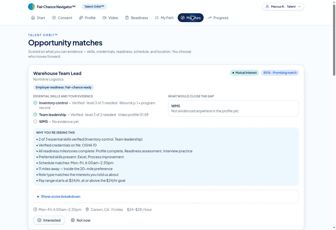 Fair Chance Navigator pilot interface showing candidate and opportunity matching