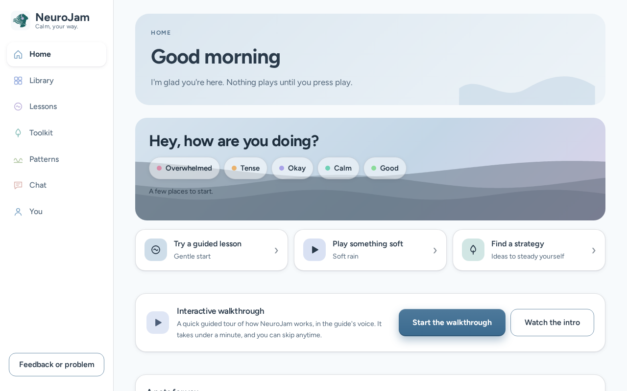 NeuroJam home screen with mood check-in chips and gentle starting points