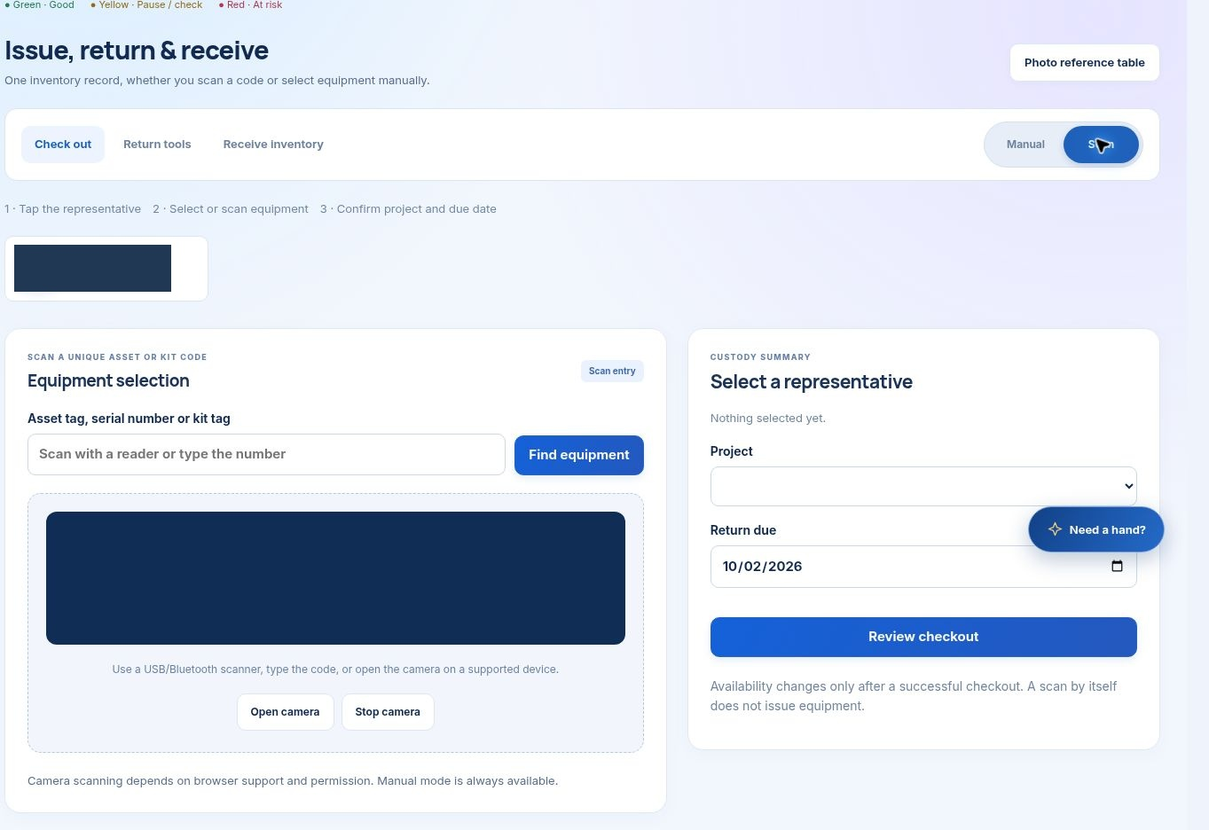 Tool Room issue, return, and receive equipment workflow
