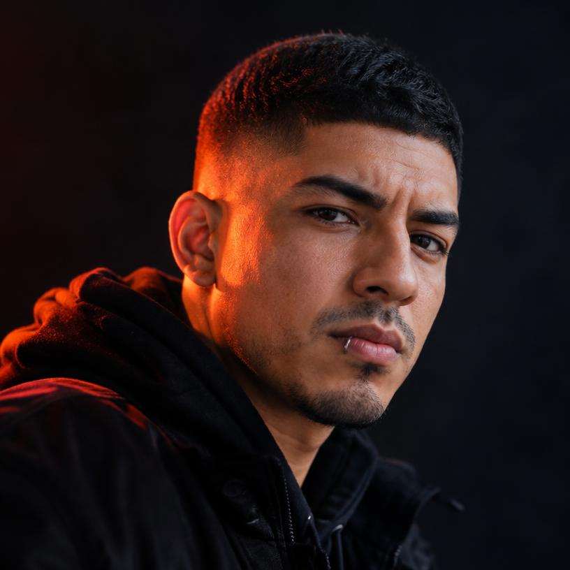 Focused Latino man with a silver lip ring in warm dramatic light