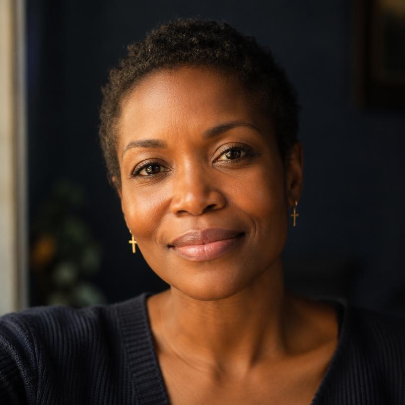 Darker-skinned Black woman with short cropped hair and gold cross earrings, smiling gently