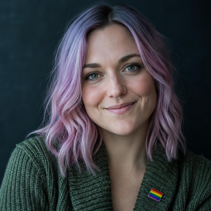 White woman with pastel pink-and-lavender hair, a small septum ring, and a rainbow pride pin, smiling softly