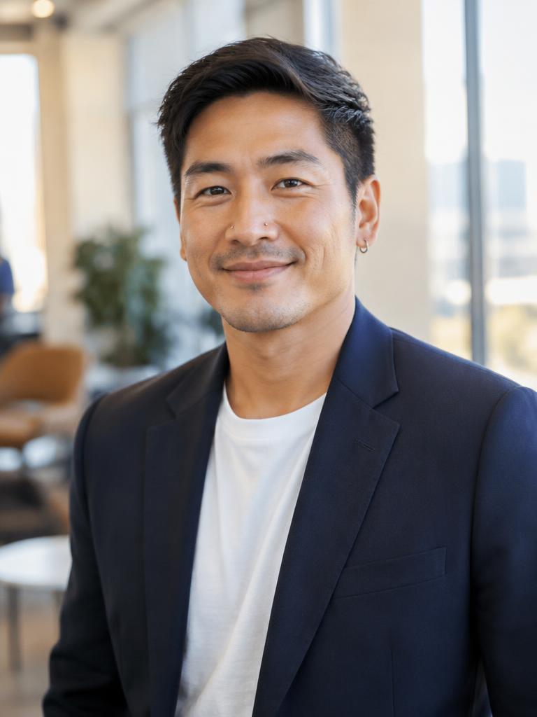 Korean-American man in his mid-30s wearing a navy blazer, silver hoop earring and nose stud, smiling warmly